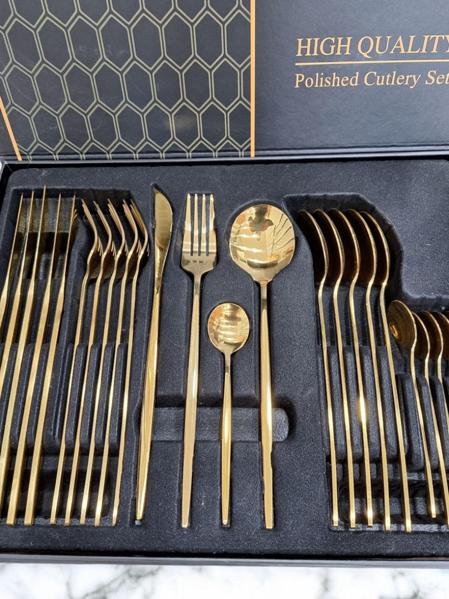 esvajg, set kašika, set viljuški, set noževa, zlatni escajg