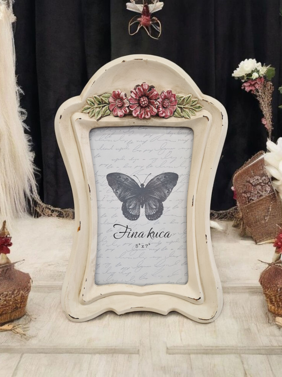 foto ram, ram za sliku 13x18, ram sa cvetnim detaljima, beli ram